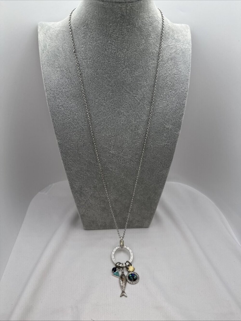 Lucky Brand Silver Tone Charm Necklace Fish Shell Abalone Boho Look Pendant - Picture 6 of 14